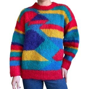 Vintage Womens Hand Knit Rainbow Mohair Fluffy Geometric Sweater Sz L